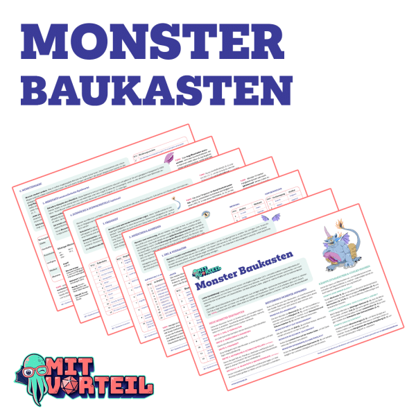 Text Monster Baukasten. Darunter die sieben aufgefächerten Seiten der Spielhilfe als Miniaturansicht. Unten links das zwinkernde Logo von Mit Vorteil im Stile eines freundlichen Mind Flayers.