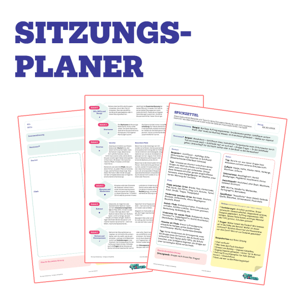 D&D Sitzung vorbereiten mit dem Sitzungsplaner. Drei PDF Seiten, die Vorlage, Methode und Spickzettel enthalten.