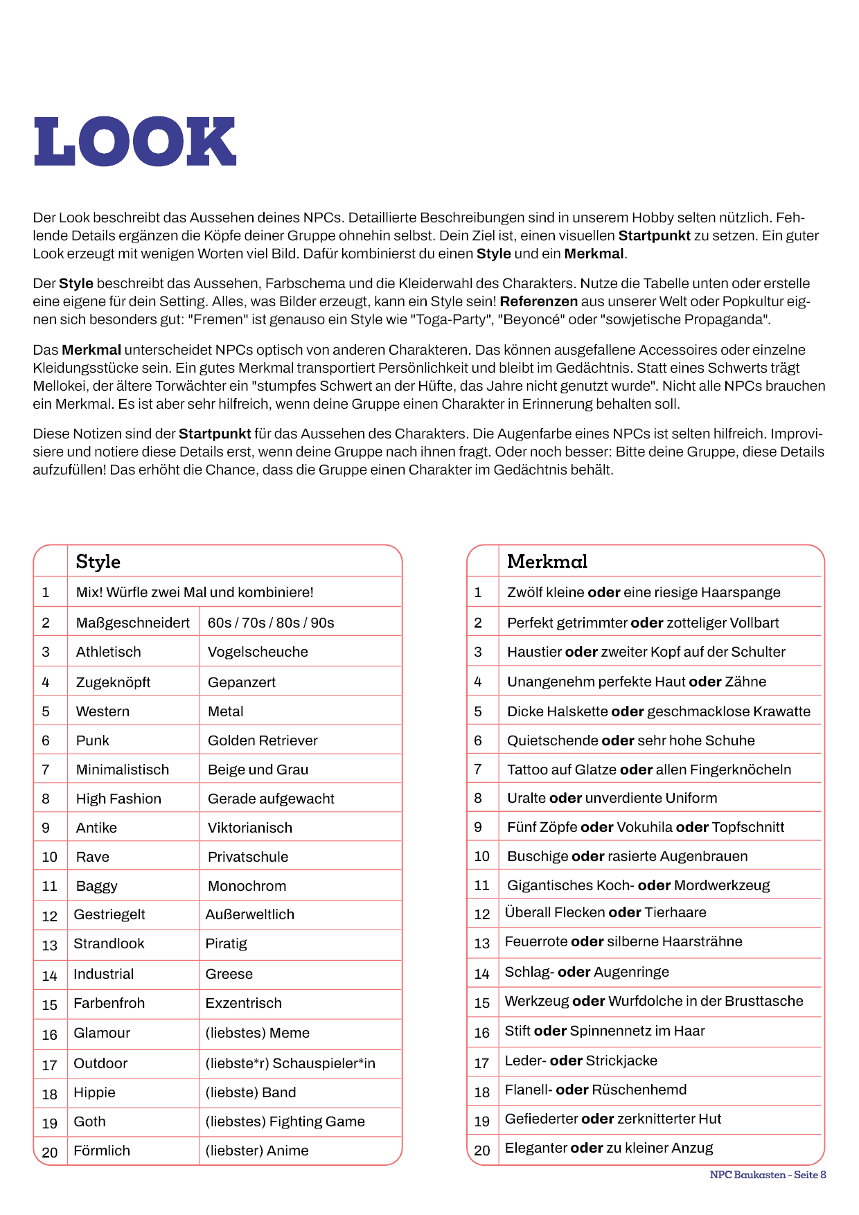 Eine Beispielseite aus unserer NPC Spielhilfe, die Ideen zum Look von Charakteren liefert