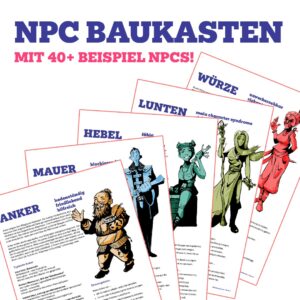 NPC Baukasten Thumbnail mit einigen Beispielseiten und dem Hinweis, dass hier über 40 Beispiel-NPCs enthalten sind
