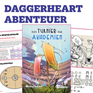 Shop Bild für Das Turnier der Akademien - Ein Daggerheart Abenteuer. Das Cover wird gerahmt von vier Beispielseiten, die leicht verschwommen im Hintergrund zu sehen sind