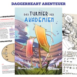 Shop Bild für Das Turnier der Akademien - Ein Daggerheart Abenteuer. Das Cover wird gerahmt von vier Beispielseiten, die leicht verschwommen im Hintergrund zu sehen sind